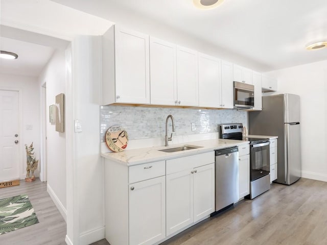 kitchen with sink, appliances with stainless steel finishes, decorative backsplash, white cabinets, and light wood-type flooring