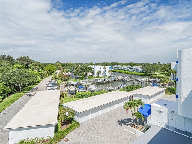 bird's eye view with a water view