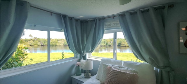 sitting room featuring a water view, a textured ceiling, and a healthy amount of sunlight