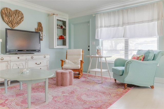 living area with crown molding