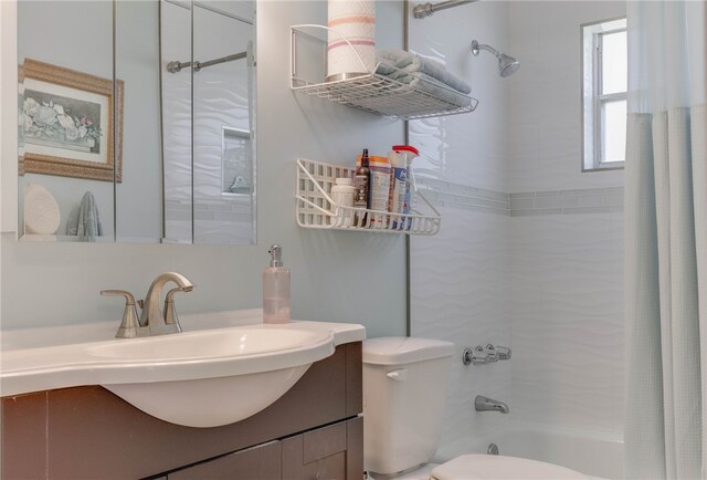 full bathroom with toilet, shower / tub combo with curtain, and vanity