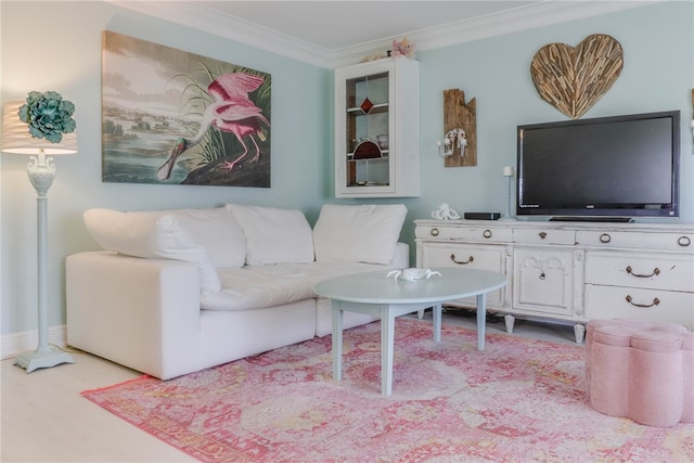 living room featuring light hardwood / wood-style floors and ornamental molding