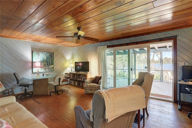 living room featuring wooden ceiling, a ceiling fan, and wood finished floors