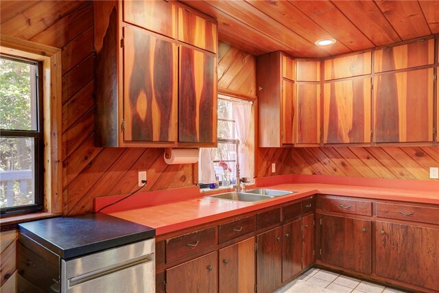 kitchen featuring wood walls, wood ceiling, and a sink