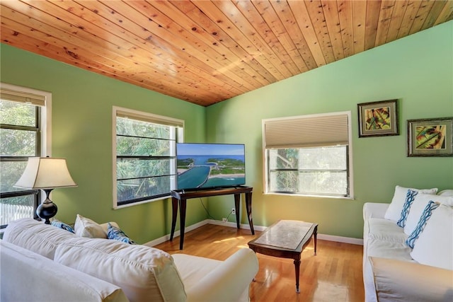 living room with vaulted ceiling, a wealth of natural light, and wood finished floors