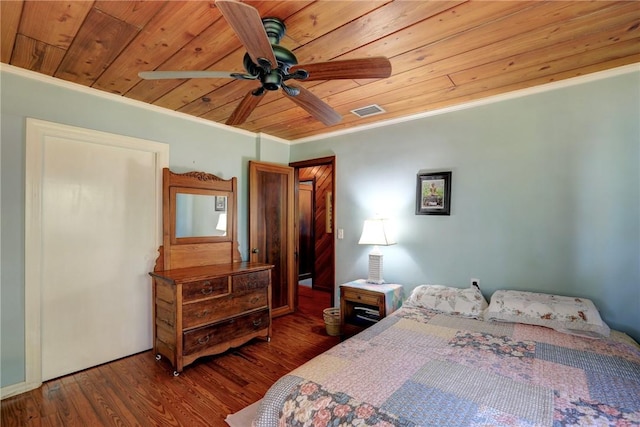 bedroom featuring wooden ceiling, visible vents, wood finished floors, and ornamental molding