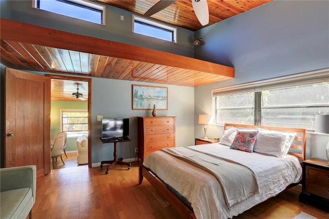 bedroom with wood ceiling, baseboards, and wood finished floors