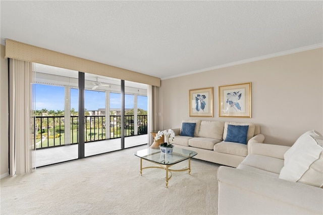 carpeted living room with a textured ceiling and crown molding