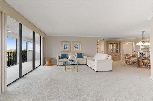 carpeted living room with ornamental molding