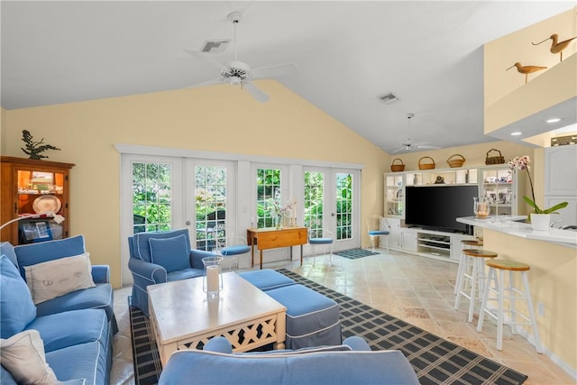1541 Sabal Ct, Vero Beach, FL 32963 - living room with ceiling fan, french doors, healthy amount of natural light, and high vaulted ceiling