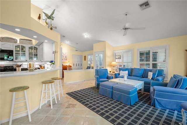 1541 Sabal Ct, Vero Beach, FL 32963 - living room with a ceiling fan, high vaulted ceiling, and recessed lighting