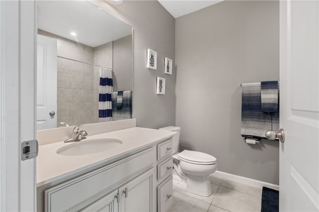 bathroom featuring tile patterned floors, vanity, toilet, and a shower with curtain