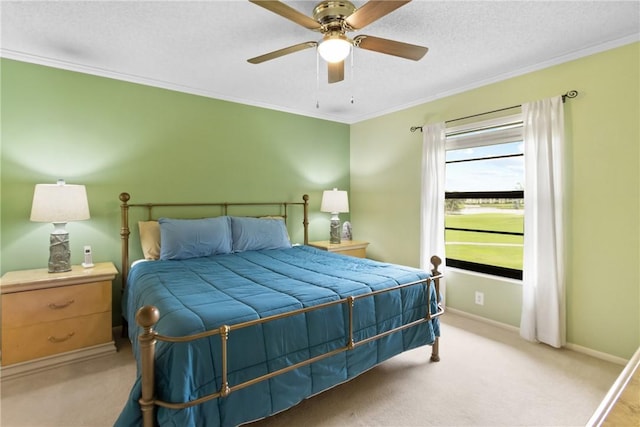 25 Plantation Dr Unit 201, Vero Beach, FL 32966 - bedroom with light carpet, crown molding, baseboards, a ceiling fan, and a textured ceiling