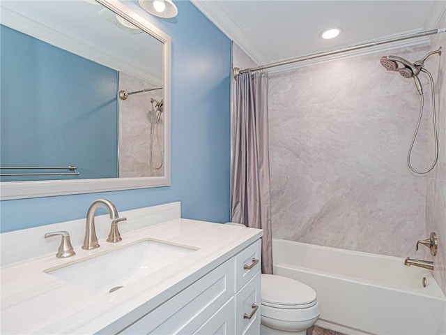 bathroom featuring vanity, shower / bath combination with curtain, ornamental molding, and toilet
