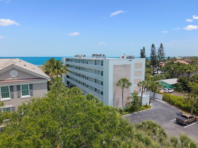 view of building exterior featuring a water view