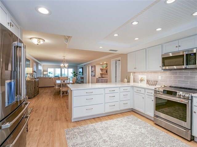 kitchen featuring white cabinets, kitchen peninsula, and appliances with stainless steel finishes