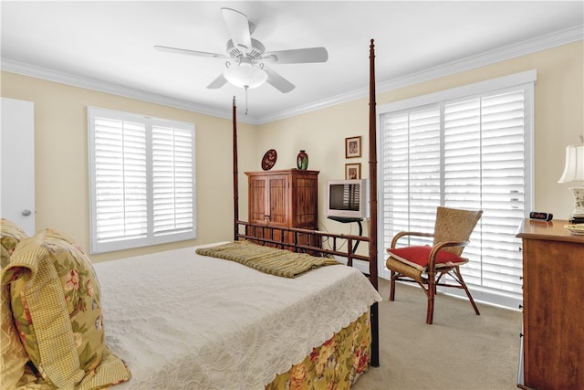 bedroom with crown molding, light carpet, multiple windows, and ceiling fan