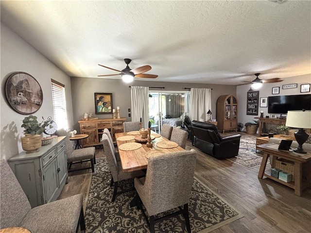 dining room with a textured ceiling, dark hardwood / wood-style floors, and a healthy amount of sunlight