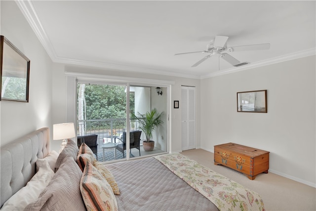 bedroom featuring ceiling fan, access to exterior, crown molding, and light colored carpet