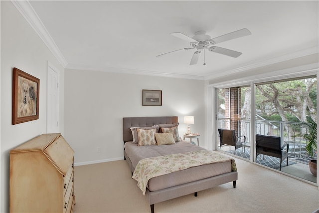 bedroom featuring ceiling fan, access to exterior, crown molding, and light carpet