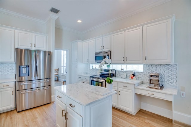 kitchen featuring white cabinets, light hardwood / wood-style floors, backsplash, and appliances with stainless steel finishes