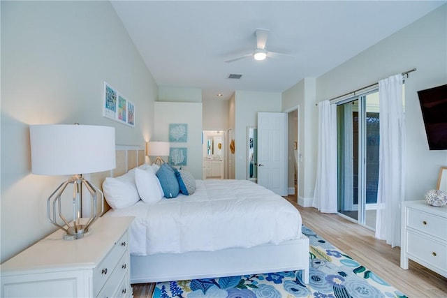 bedroom featuring connected bathroom, ceiling fan, and light hardwood / wood-style floors