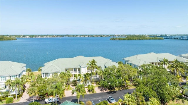 drone / aerial view featuring a water view