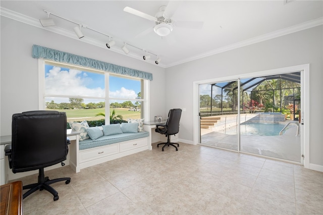 office with ceiling fan and ornamental molding