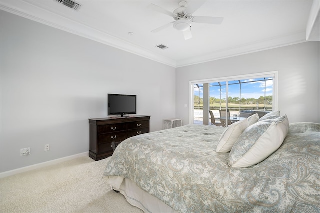 bedroom featuring ornamental molding, light carpet, access to outside, and ceiling fan