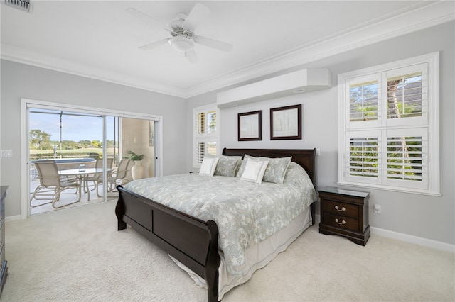 carpeted bedroom with crown molding, access to outside, and ceiling fan