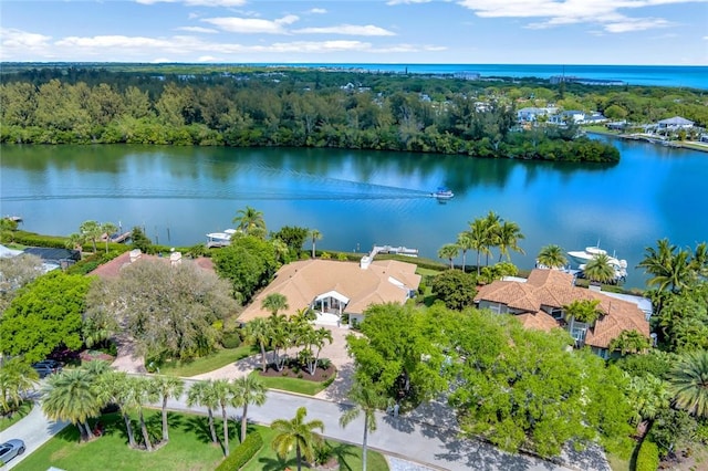 aerial view featuring a forest view and a water view