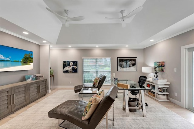 29 Cache Cay Dr, Vero Beach, FL 32963 - office space with ceiling fan, ornamental molding, light wood-type flooring, recessed lighting, and vaulted ceiling