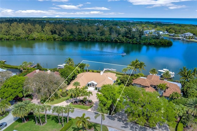 birds eye view of property featuring a view of trees and a water view