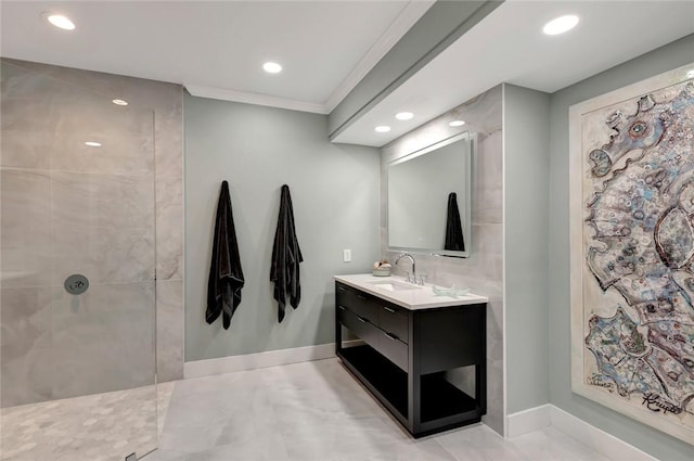 29 Cache Cay Dr, Vero Beach, FL 32963 - full bathroom featuring vanity, recessed lighting, a walk in shower, and ornamental molding