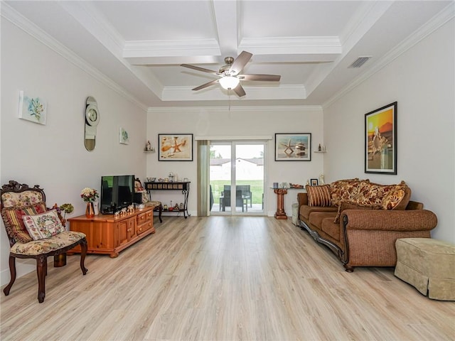 living room with coffered ceiling, ornamental molding, ceiling fan, beam ceiling, and light hardwood / wood-style floors