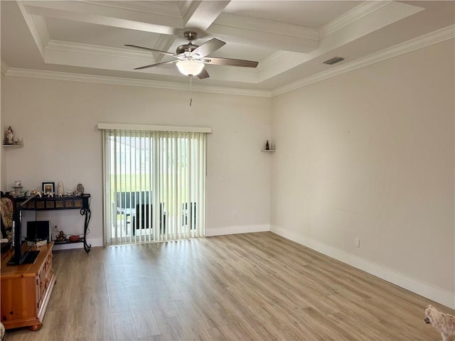 empty room featuring crown molding, ceiling fan, coffered ceiling, and light wood-type flooring