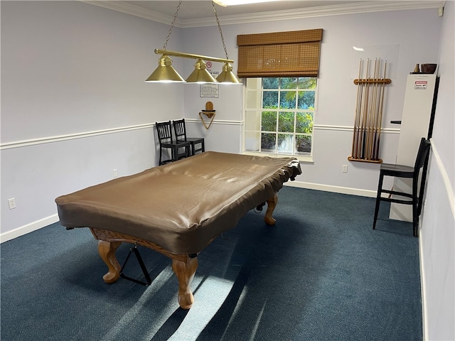 game room featuring ornamental molding, carpet, and billiards