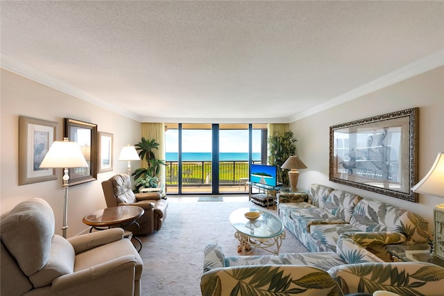 living room featuring floor to ceiling windows, ornamental molding, a textured ceiling, and carpet floors