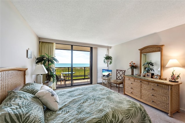 carpeted bedroom featuring access to exterior and a textured ceiling