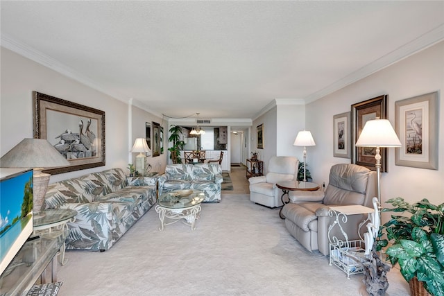 living room with carpet, ornamental molding, and a textured ceiling