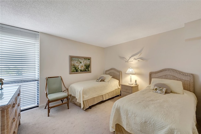 carpeted bedroom with a textured ceiling