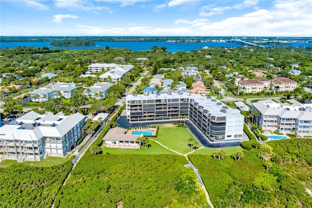 bird's eye view with a water view