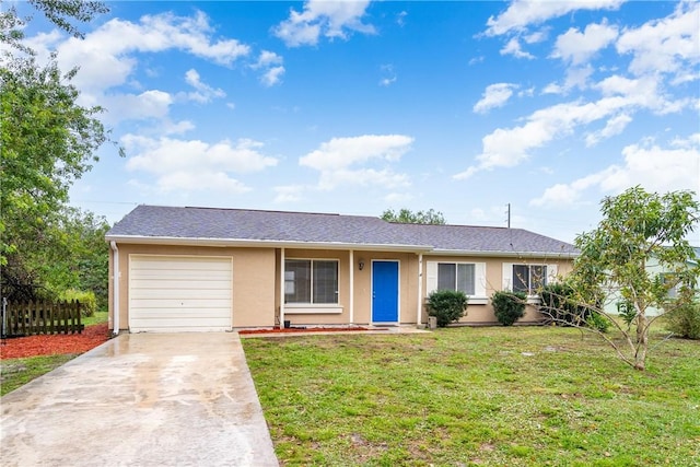 ranch-style home featuring a garage and a front yard