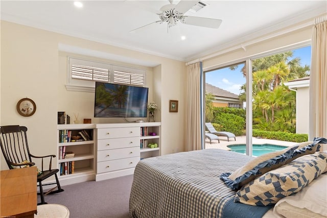 bedroom with ceiling fan, crown molding, dark colored carpet, and access to outside