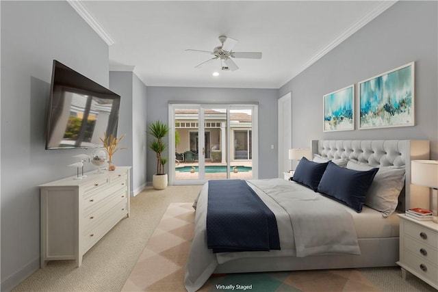 carpeted bedroom with ceiling fan, access to outside, and ornamental molding