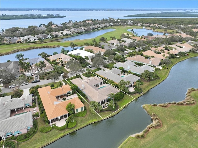 drone / aerial view featuring a water view