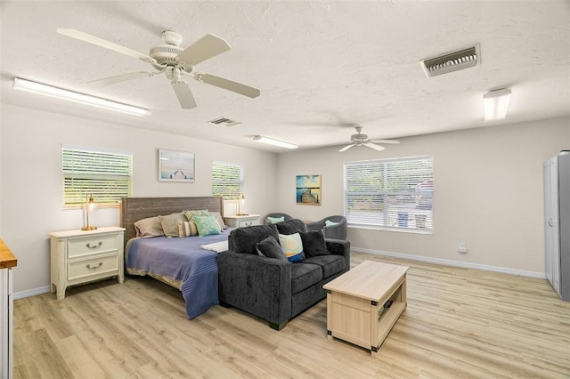 bedroom featuring light wood-type flooring, a textured ceiling, and visible vents