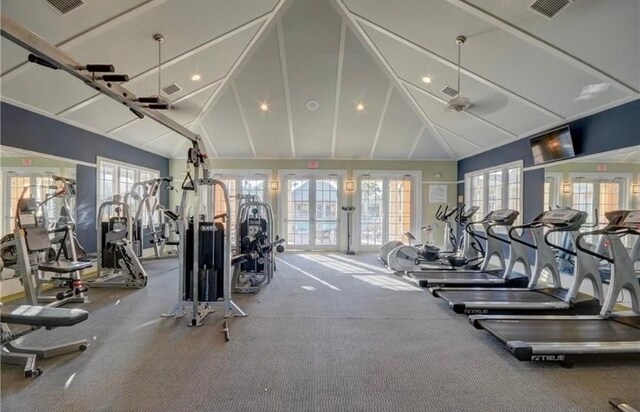 gym featuring vaulted ceiling and ceiling fan