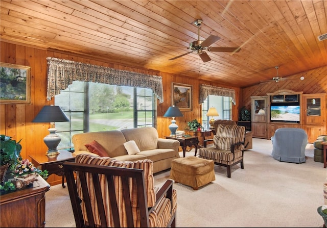 carpeted living room featuring wooden ceiling and wooden walls