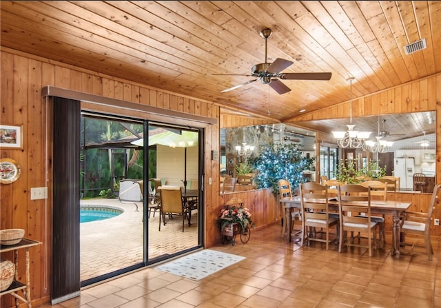 dining area with wood walls, lofted ceiling, ceiling fan, and wood ceiling